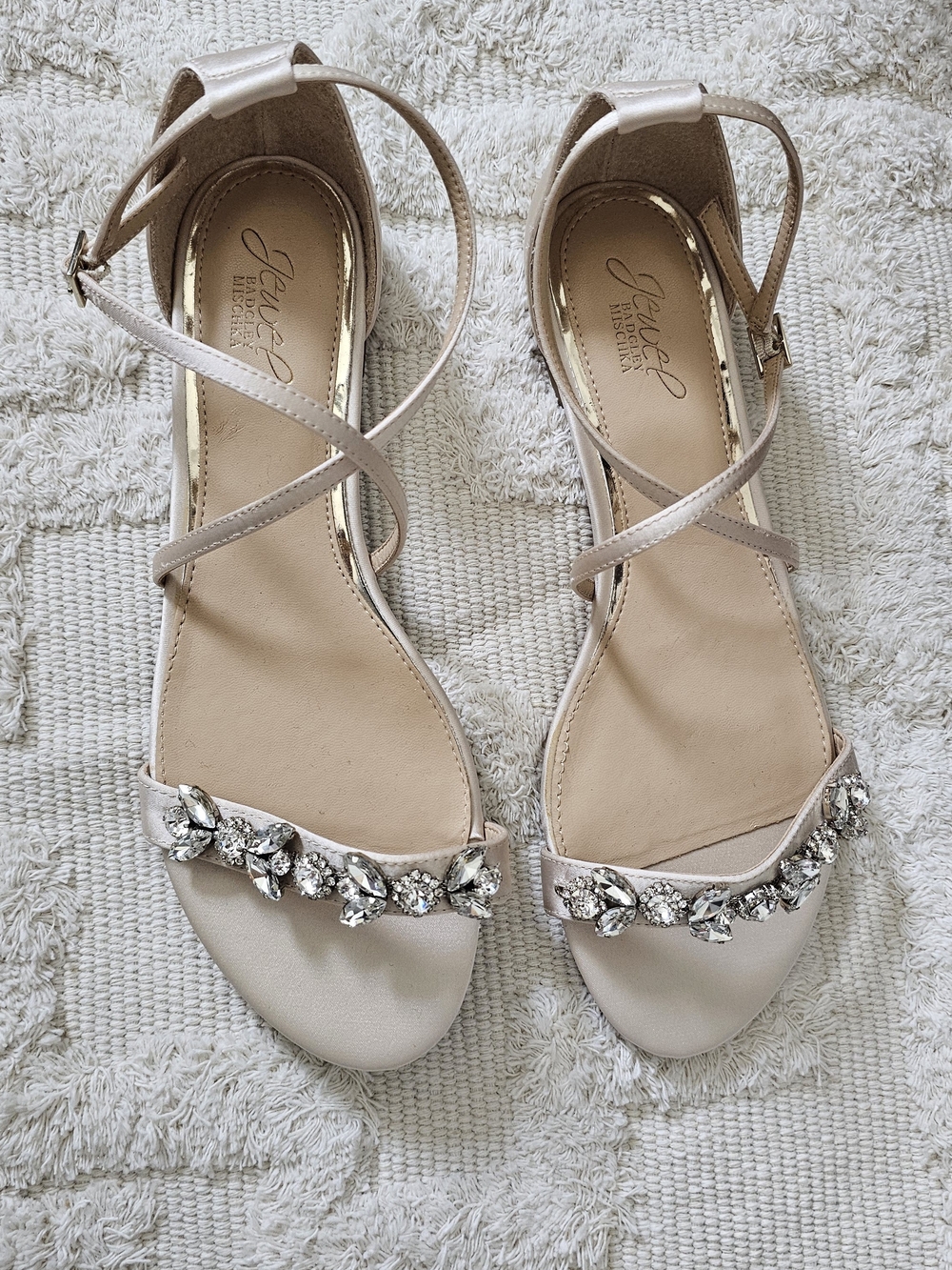Badgley Mischka Elegant Women's Jeweled Ankle-Strap Flat Sandals in Blush